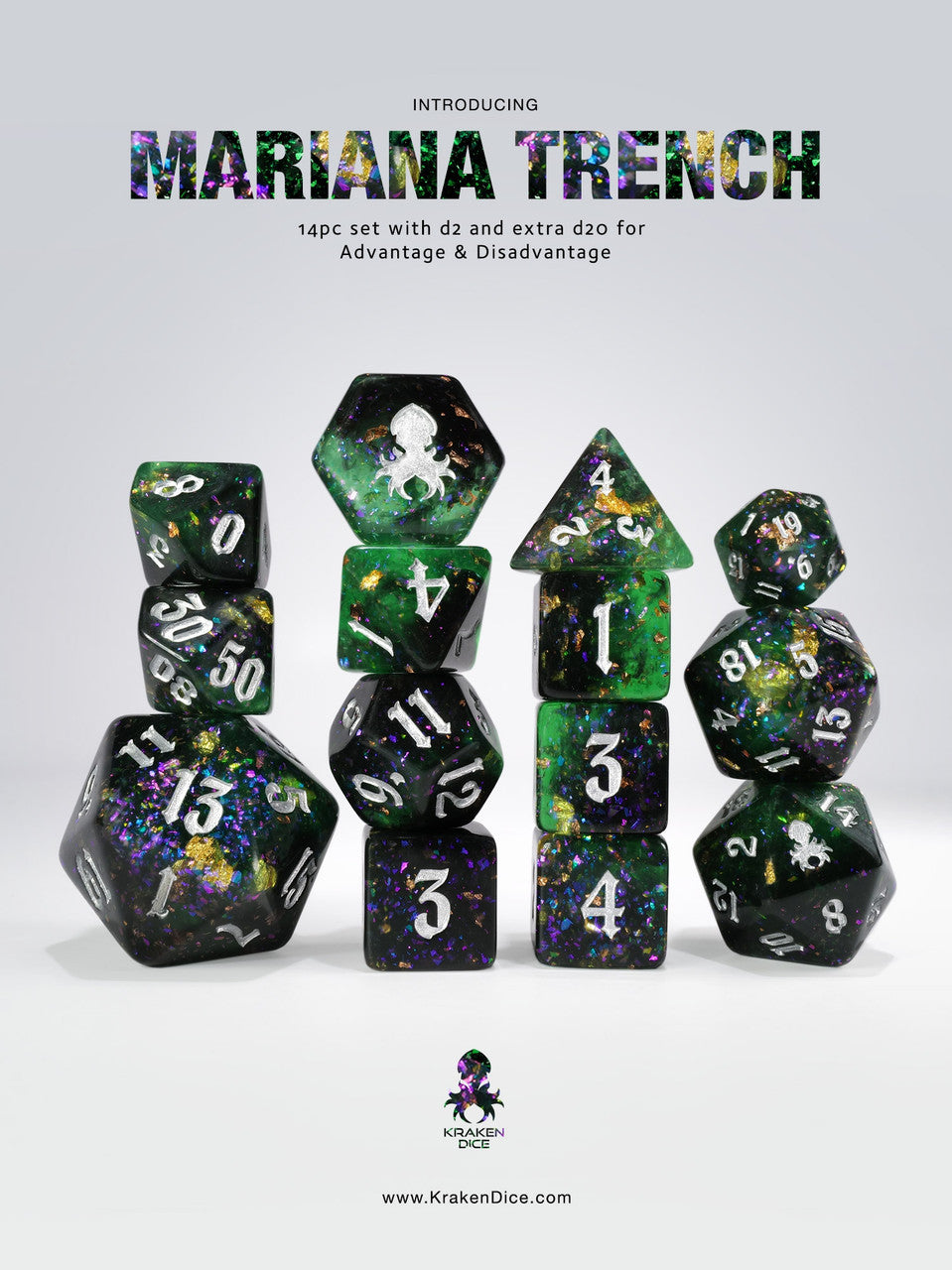 Mariana Trench 14pc Resin Dice Set Inked in Silver